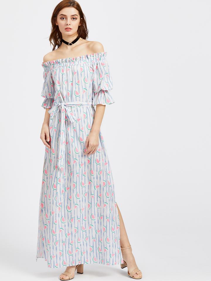 Shein Watermelon And Stripe Print Trumpet Sleeve Slit Bardot Dress