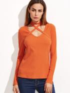 Shein Orange Ribbed Knit T-shirt With Crisscross Halter Detail