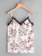 Shein Contrast Lace Trim Flower Print Strappy Cami Top