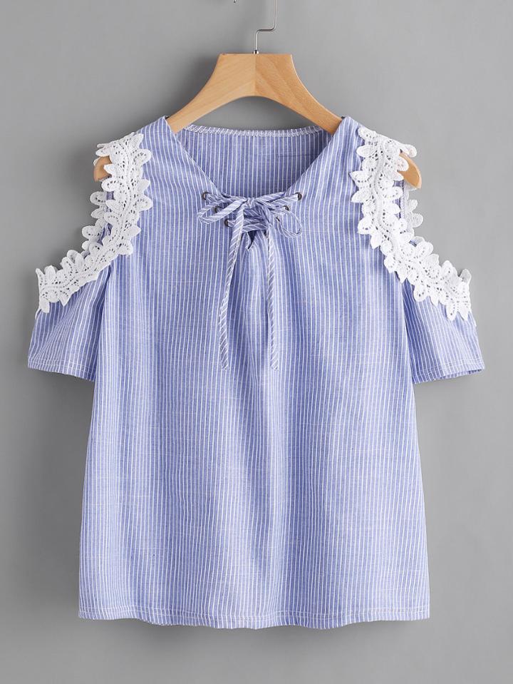 Shein Crochet Applique Trim Open Shoulder Lace Up Pinstriped Top