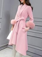 Shein Pink Lapel Tie-waist High Low Pockets Coat