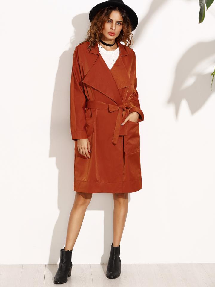 Shein Orange Lapel Tie Waist Long Outerwear