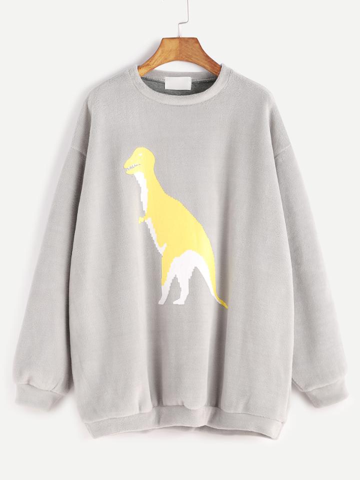 Shein Grey Dinosaur Print Drop Shoulder Fluffy Sweatshirt