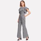 Shein Symmetrical Flounce Shoulder Flare Hem Gingham Jumpsuit