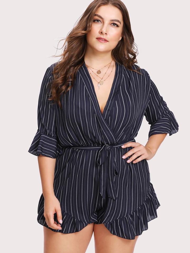 Shein Ruffle Trim Pinstripe Wrap Romper