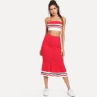 Shein Striped Print Rib Knit Bandeau Top And Ruffle Hem Skirt Set