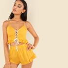 Shein Lace Up Front Shirred Cami Top With Ruffle Shorts Set