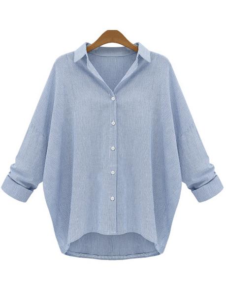 Shein Blue White Lapel Vertical Stripe Plus Blouse
