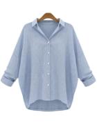 Shein Blue White Lapel Vertical Stripe Plus Blouse