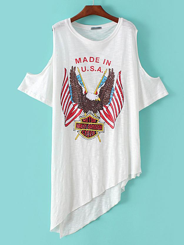 Shein White Cold Shoulder Eagle Printed Asymmetric T-shirt