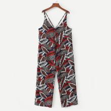 Shein Leaf Print Strappy Detail Wide Leg Jumpsuit