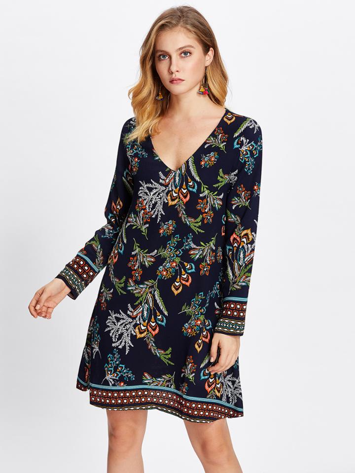 Shein Deep V Neck Botanical Dress