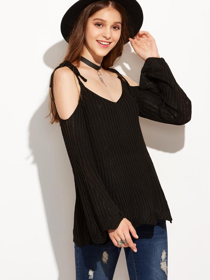 Shein Black Tie Shoulder Scallop Ribbed Sweater