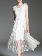Shein White V Neck Lace-up Gauze Embroidered Dress