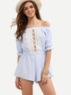 Shein Blue Striped Boat Neck Hollow Lace Jumpsuit