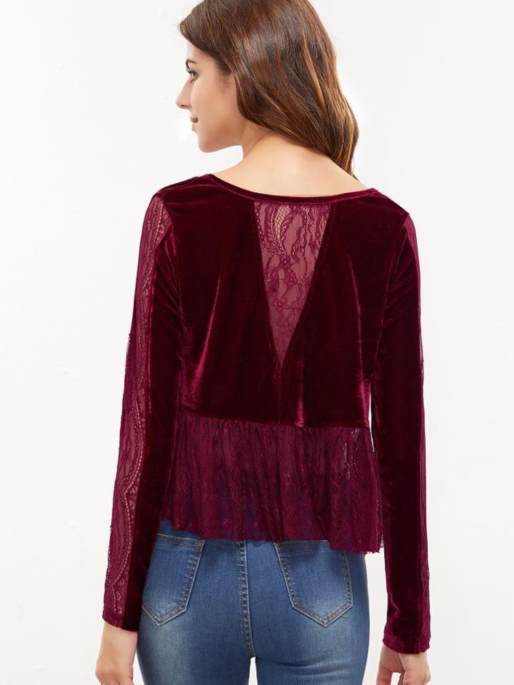 Shein Burgundy V Neck Floral Lace Trim Velvet Top