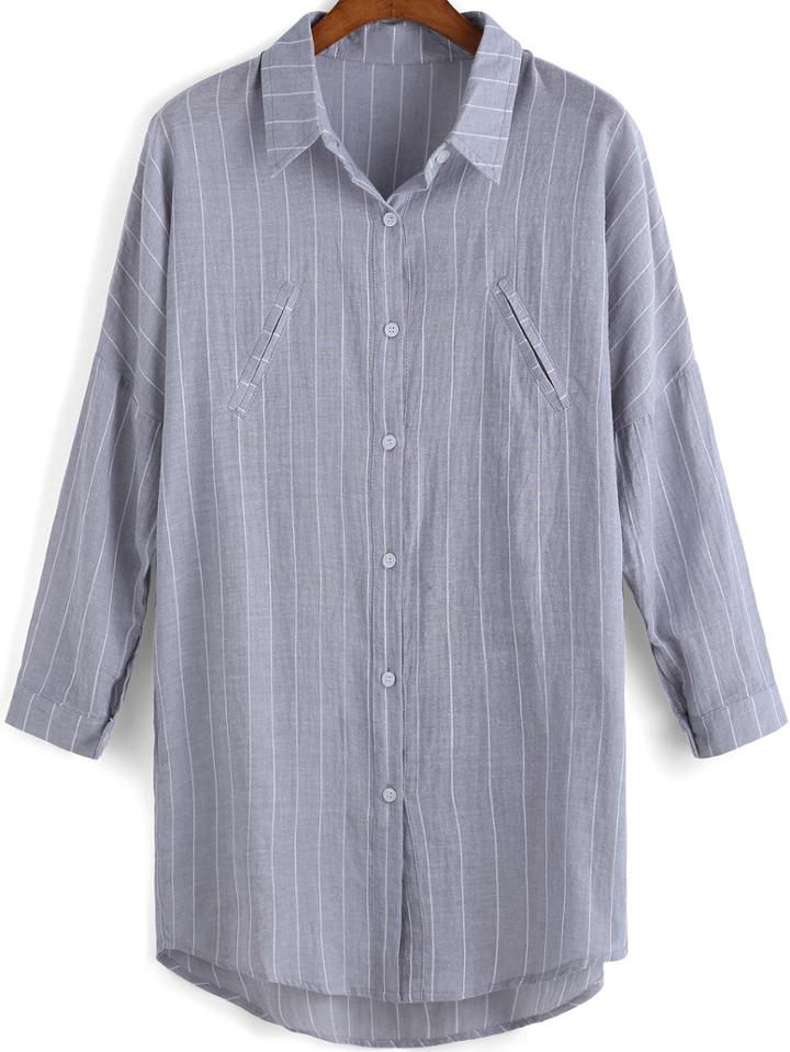 Shein Grey Lapel Vertical Stripe Pocket Blouse