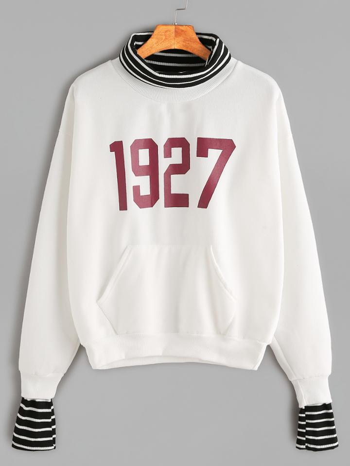Shein White Printed Contrast Trim 2 In 1 Sweatshirt