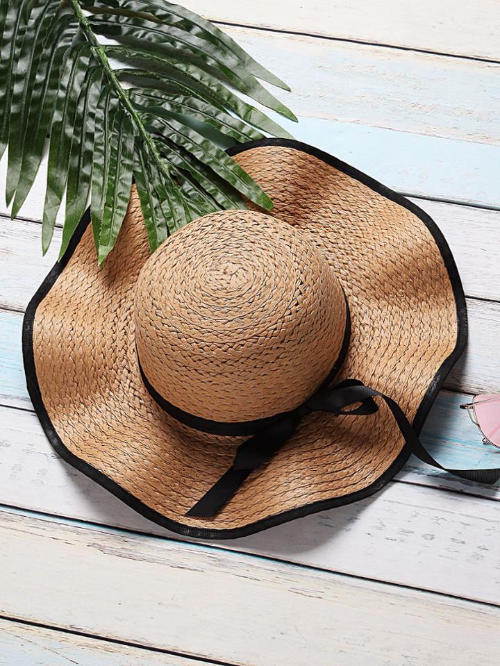 Shein Camel Bow Tie Design Wide Brim Straw Hat