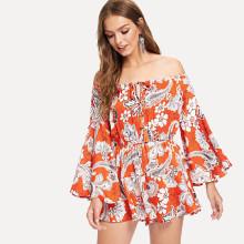Shein Trumpet Sleeve Wide Leg Bardot Romper