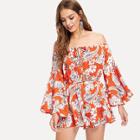 Shein Trumpet Sleeve Wide Leg Bardot Romper