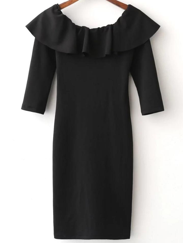Shein Black Ruffle Off The Shoulder Three Quarter Sleeve Dress