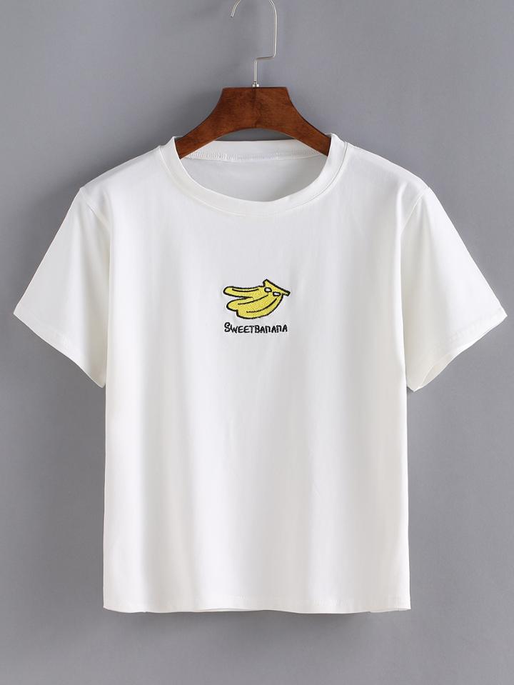 Shein White Banana Embroidered T-shirt