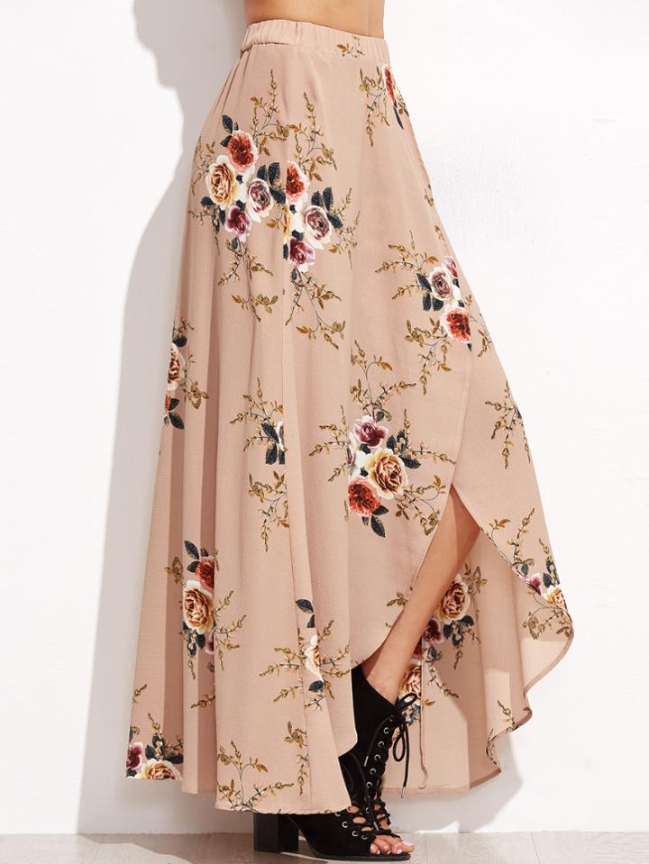 Shein Pink Rose Print Asymmetric Wrap Maxi Skirt