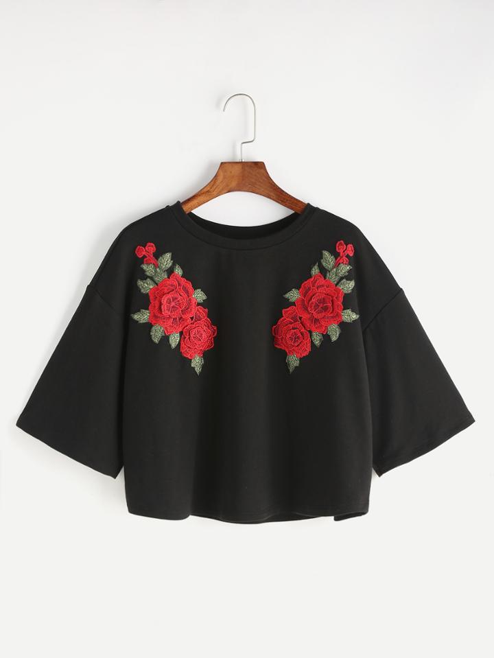 Shein 3d Rose Patch Drop Shoulder Crop Top