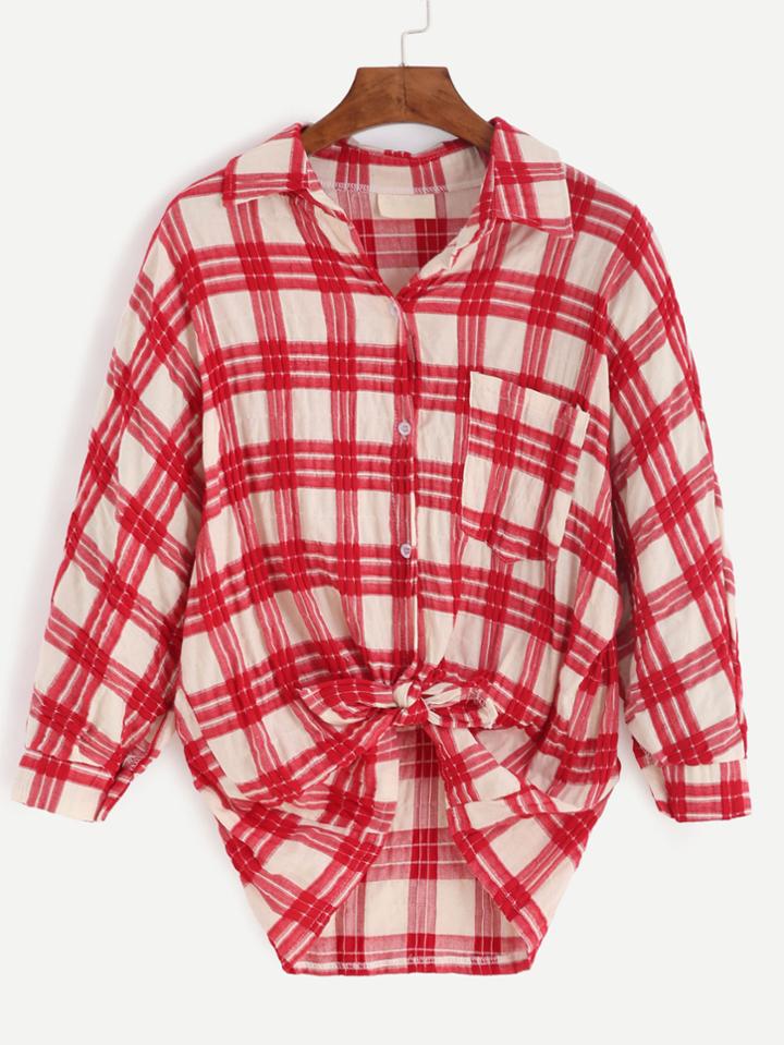 Shein Red Plaid Pocket Tunic Shirt