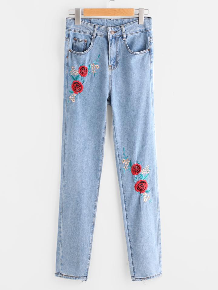 Shein Rose Embroidered Straight Jeans