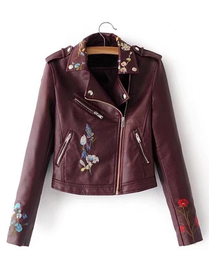 Shein Embroidered Flower Moto Pu Jacket