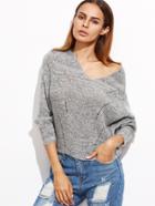 Shein Grey V Neck Batwing Sleeve Hollow Sweater