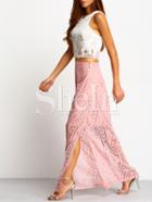 Shein Pink Hollow Lace Split Side Maxi Skirt