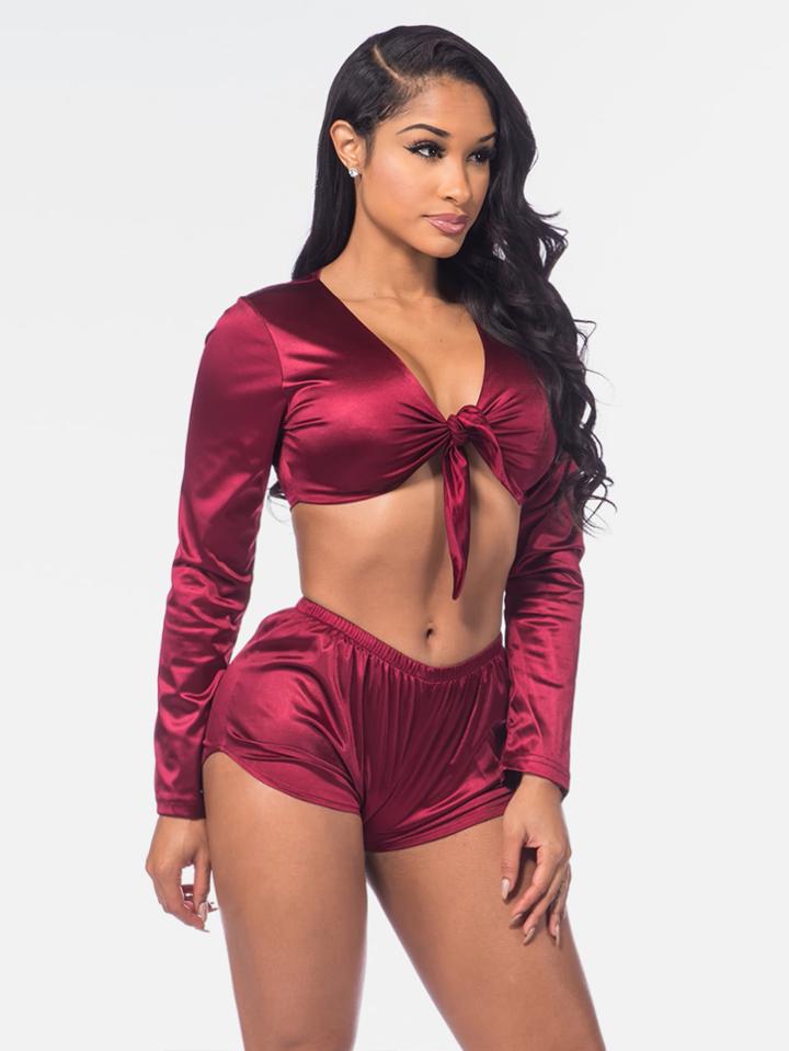 Shein Satin Knotted Front Crop Top With Shorts