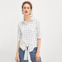 Shein Pocket Front Knot Plaid Top