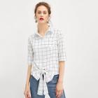 Shein Pocket Front Knot Plaid Top
