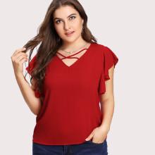 Shein Plus Crisscross Neck Keyhole Back Flutter Sleeve Top
