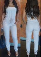 Rosewe Drawstring Waist Hollow Out White Jumpsuit