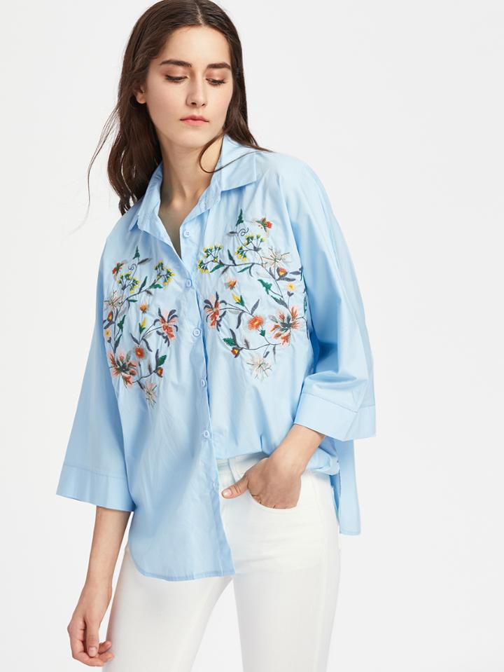 Shein Flower Embroidery Kimono Sleeve Tunic Blouse