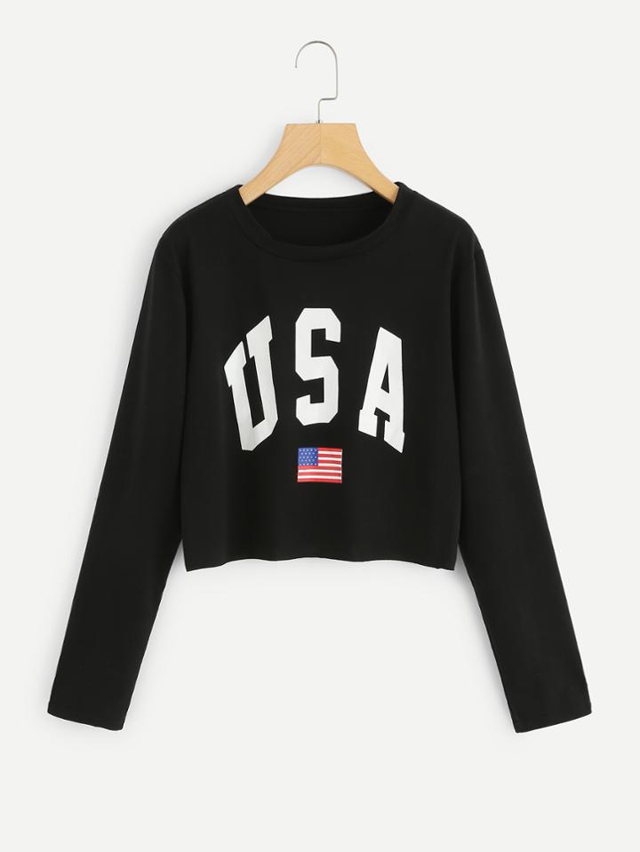 Shein American Flag Print Crop Tee