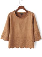 Shein Khaki Round Neck Hollow Scalloped Crop Top