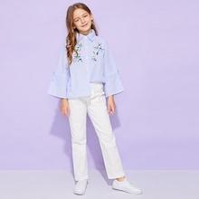 Shein Toddler Girls Floral Embroidery Knot Detail Striped Blouse