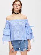 Shein Button Up Layered Bell Sleeve Striped Bardot Top