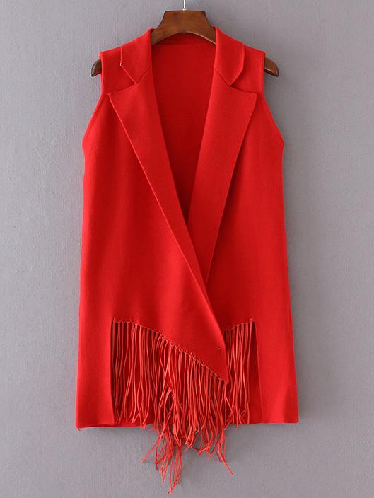 Shein Red Open Front Fringe Sleeveless Cardigan