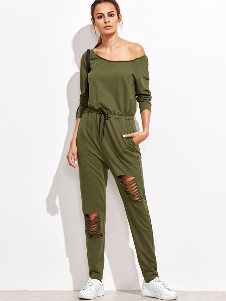 Shein Asymmetric Bardot Ripped Sweat Jumpsuit With Drawstring Waist