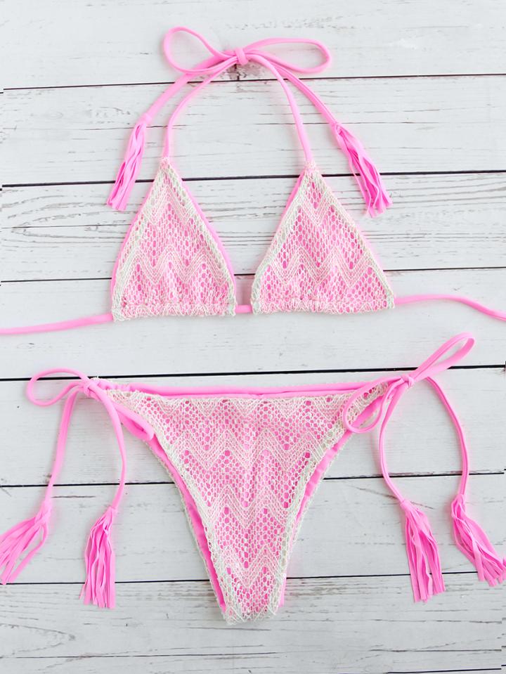 Shein Pink Lace Design Side Tie Triangle Bikini Set