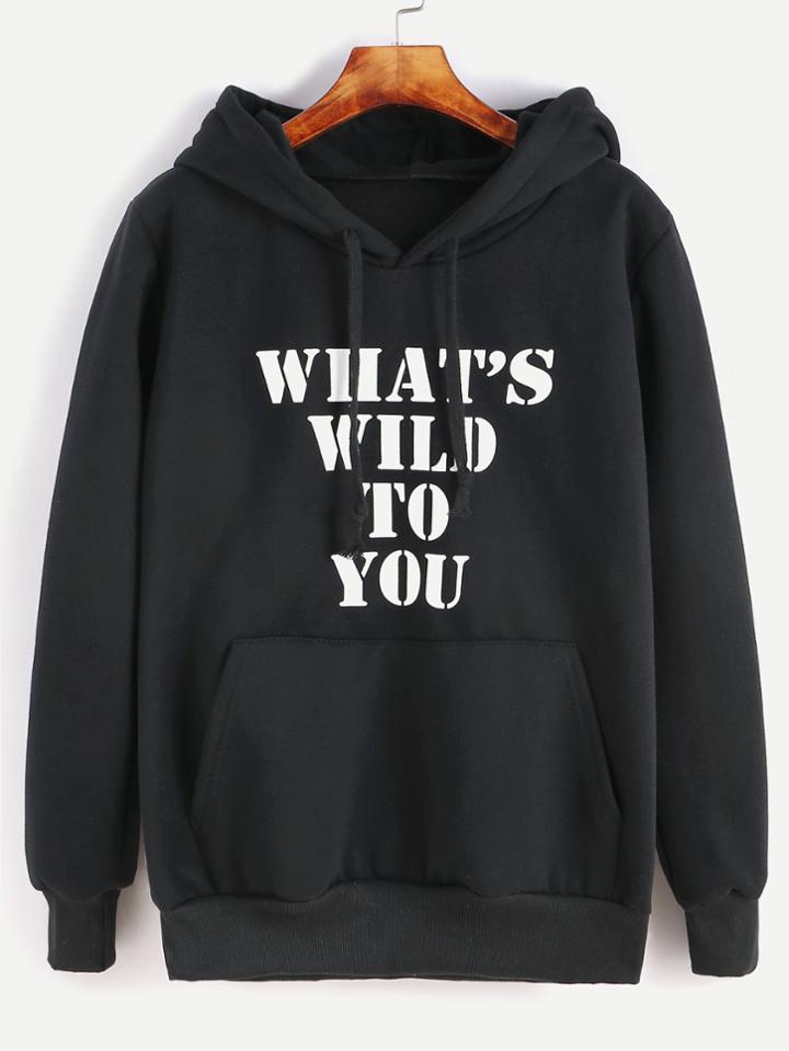 Shein Black Hooded Slogan Print Pocket Sweatshirt