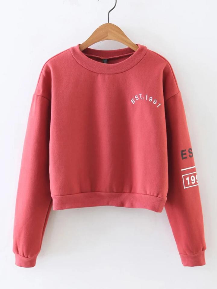 Shein Letter Embroidery Drop Shoulder Crop Sweatshirt