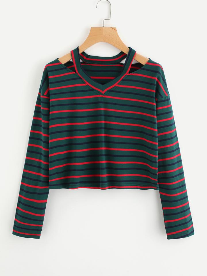 Shein Cut Out V Neckline Striped T-shirt
